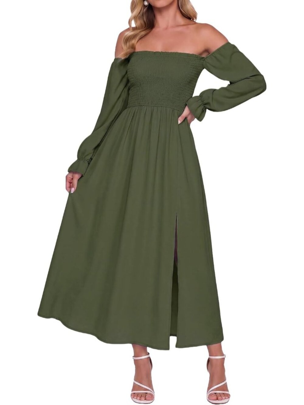 Women's Olive Green Off Shoulder Long Sleeve Boho Flowy Wedding Guest Maxi Dress